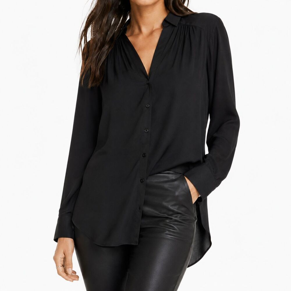 Express Womens Blouse XS Black Pleated V Neck Button Up Tunic Career Work Shirt